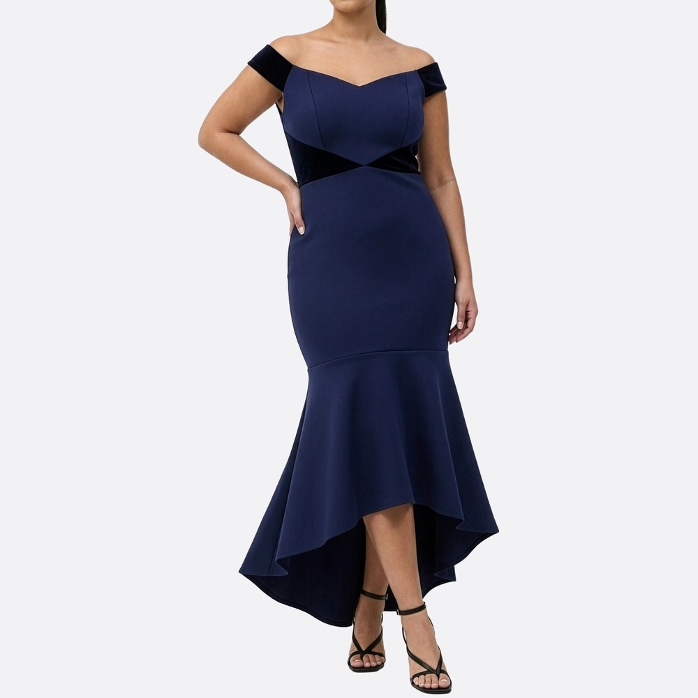 Eliza J Scuba Mermaid Gown‎ Velvet Trim Navy Hourglass High Low Dress 14P 0X L